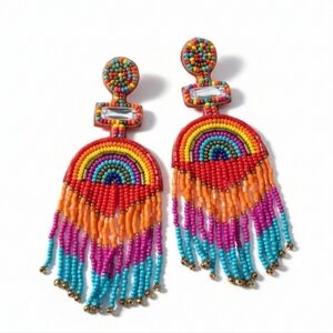 Colorful Seed Beaded Fringe Earrings Rainbow Boho Festival New